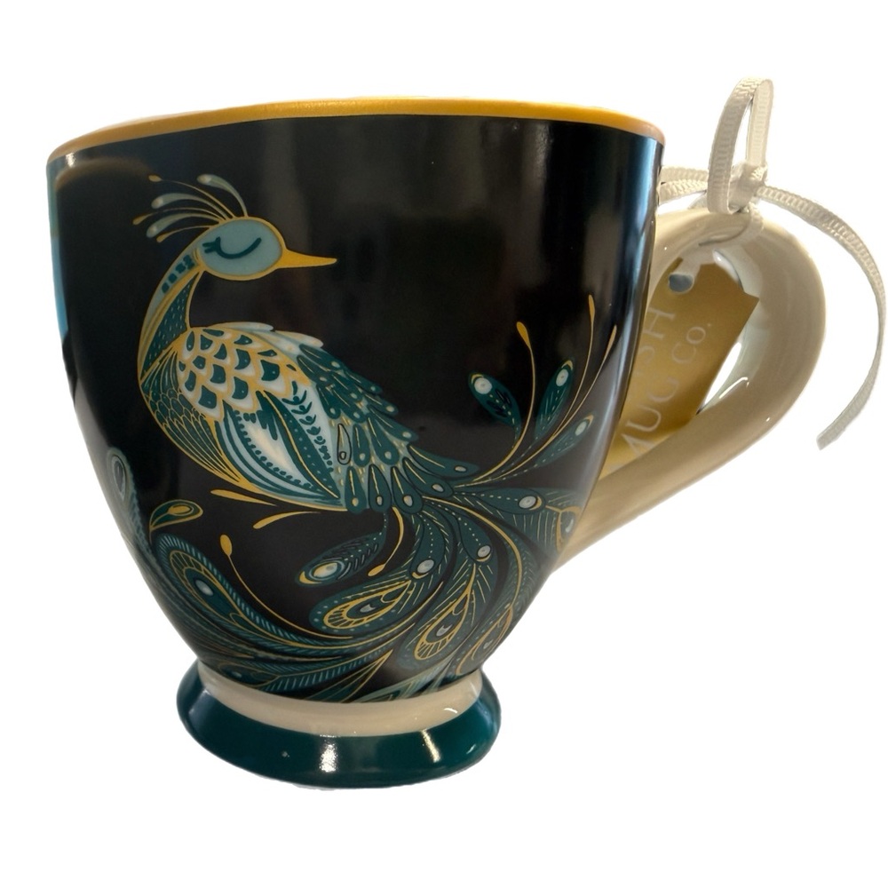 Peacock Pattern Teal and Gold Ceramic Mugs - Set of 2 - Picture 3 of 4